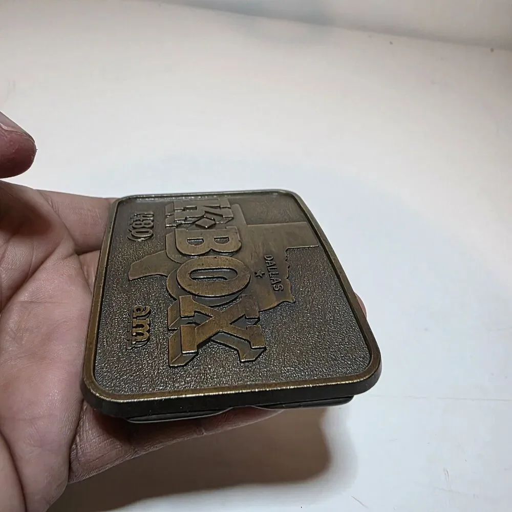 Vintage KBOX 1480 AM radio station Dallas Tx brass belt buckle Rectangle